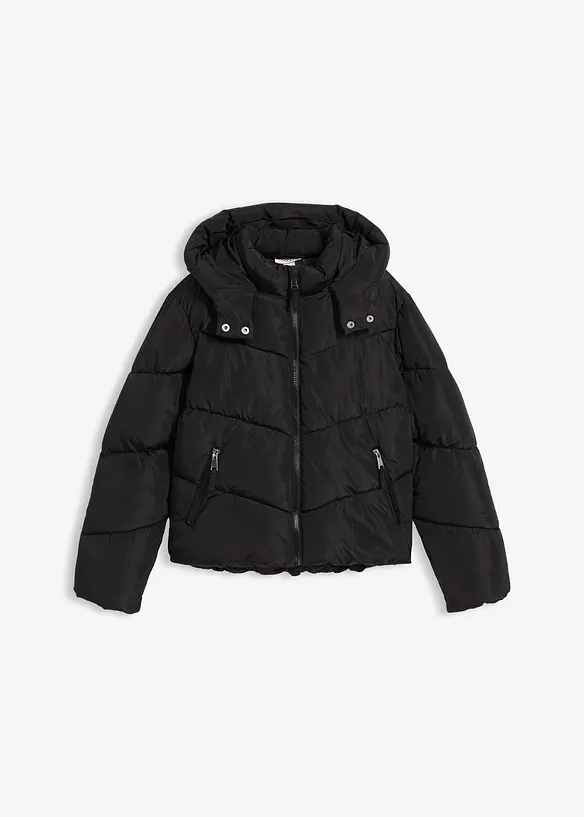 warm gefütterte Puffer-Jacke mit Kapuze in schwarz von vorne - bonprix