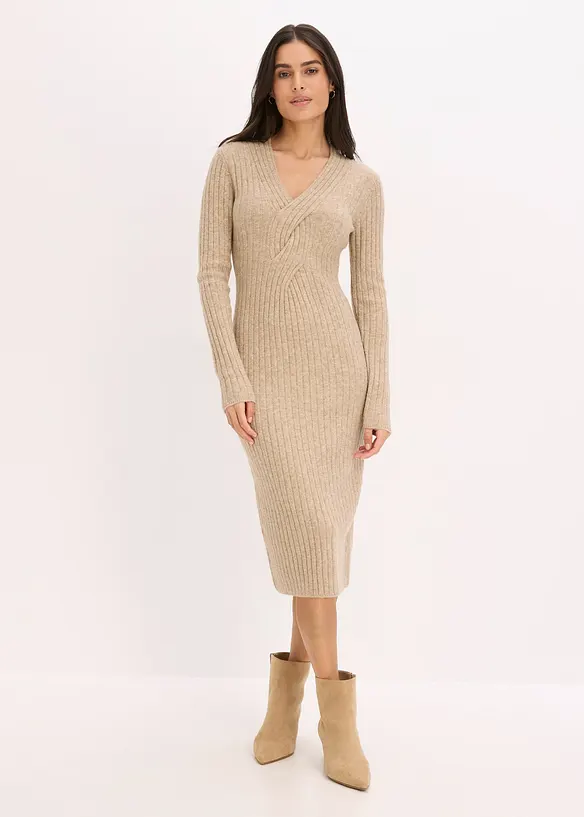 Strickkleid mit Wollanteil in beige von vorne (Totalaufnahme) - bonprix Strickkleid mit Wollanteil in beige von vorne (Totalaufnahme) - bonprix
