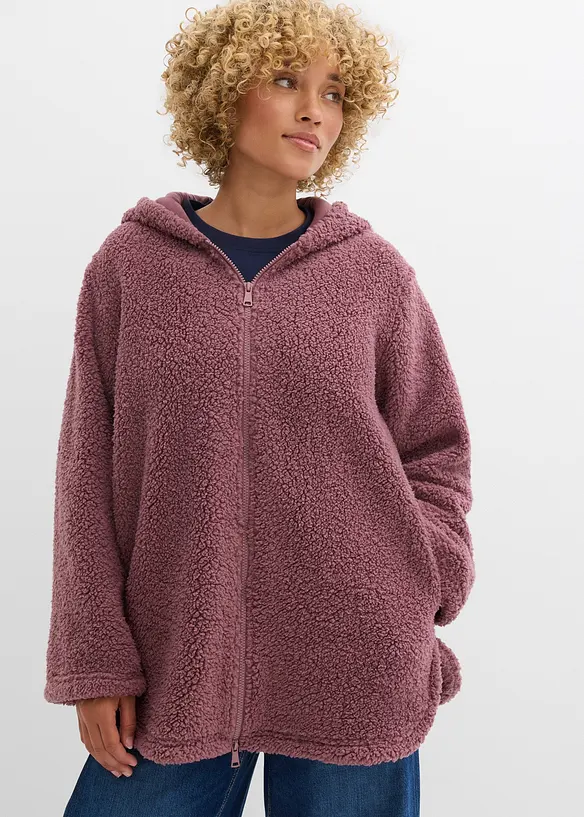 Teddy-Fleece Jacke in A-Linie mit Seitenschlitzen in lila von vorne (im Anschnitt) - bonprix