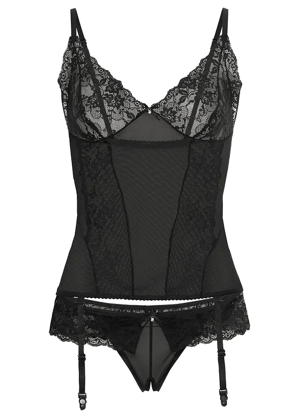 Corsage mit Strapshaltern + String ouvert (2-tlg.Set) in schwarz von vorne - bonprix