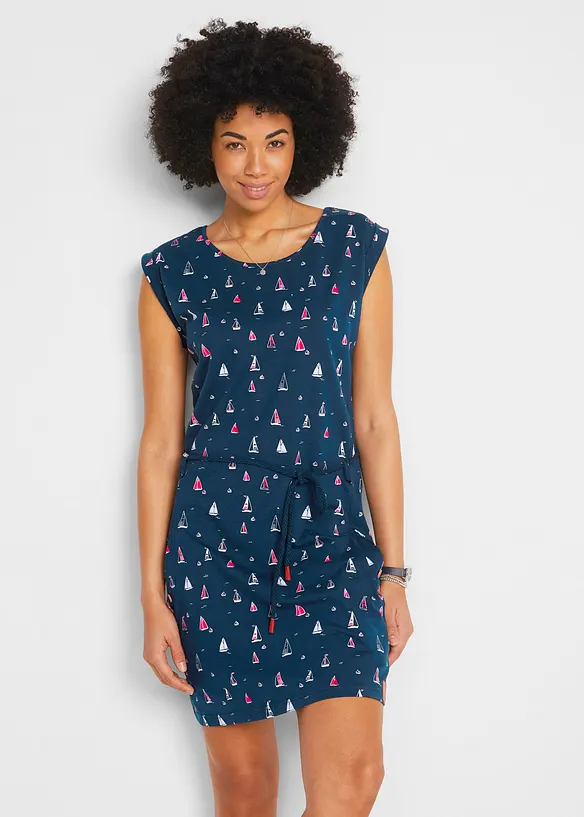 Shirtkleid mit Flügelärmeln und Druck in blau von vorne (Totalaufnahme) - bonprix