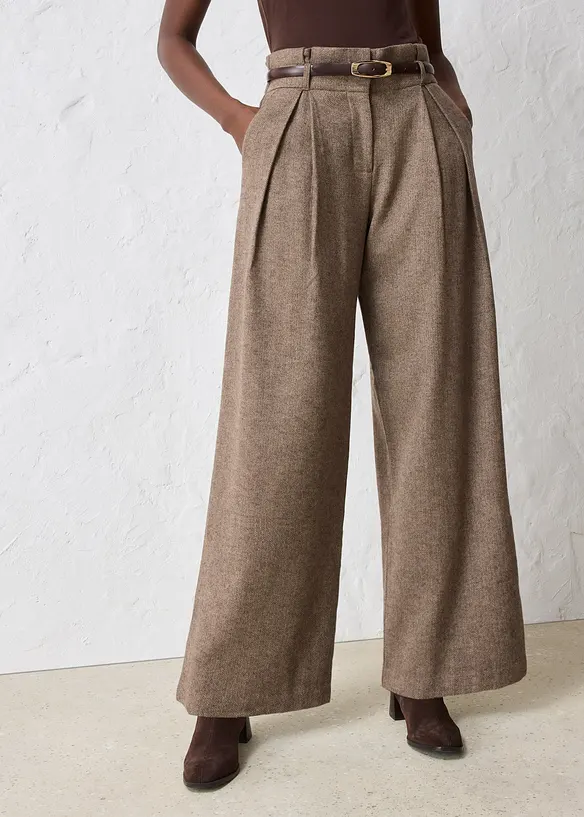 Weite Bundfaltenhose mit weichem Wollanteil in braun von vorne - bonprix