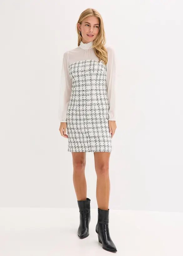 Minikleid aus Bouclé mit Chiffon Ärmeln in weiß von vorne (Totalaufnahme) - bonprix