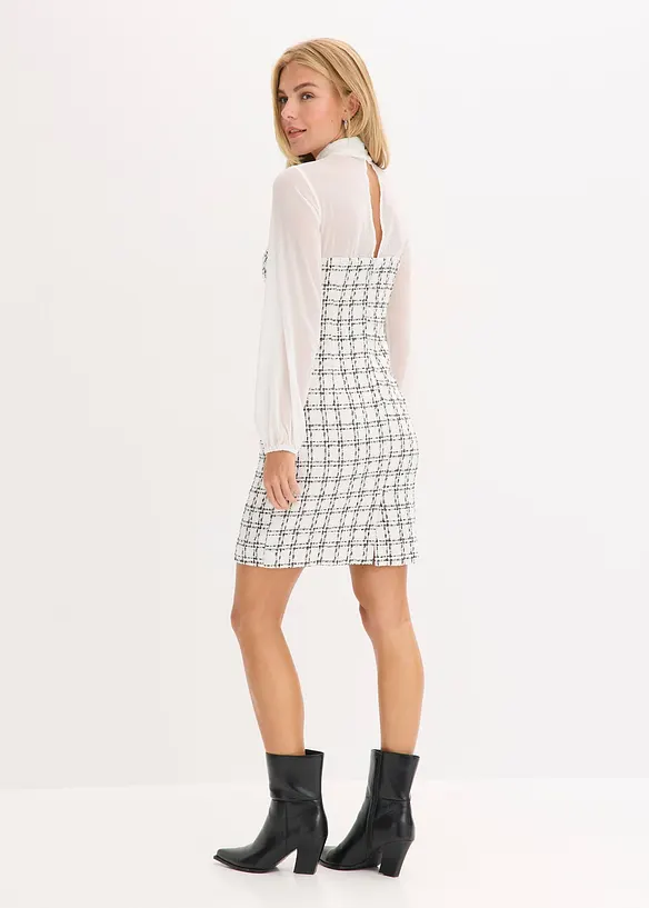 Minikleid aus Bouclé mit Chiffon Ärmeln in weiß von hinten (Totalaufnahme) - bonprix
