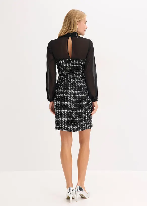 Minikleid aus Bouclé mit Chiffon Ärmeln in schwarz von hinten (Totalaufnahme) - bonprix