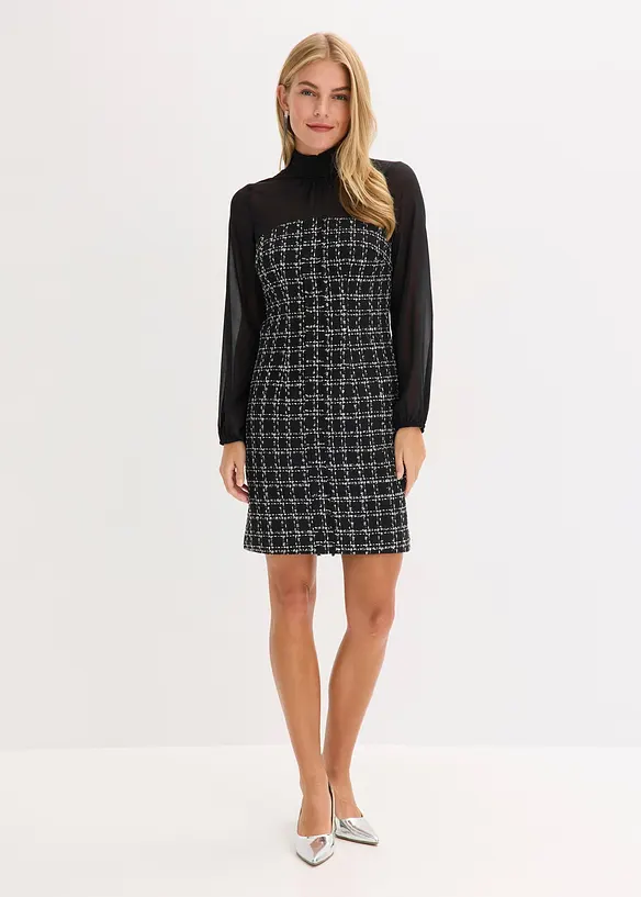 Minikleid aus Bouclé mit Chiffon Ärmeln in schwarz von vorne (Totalaufnahme) - bonprix