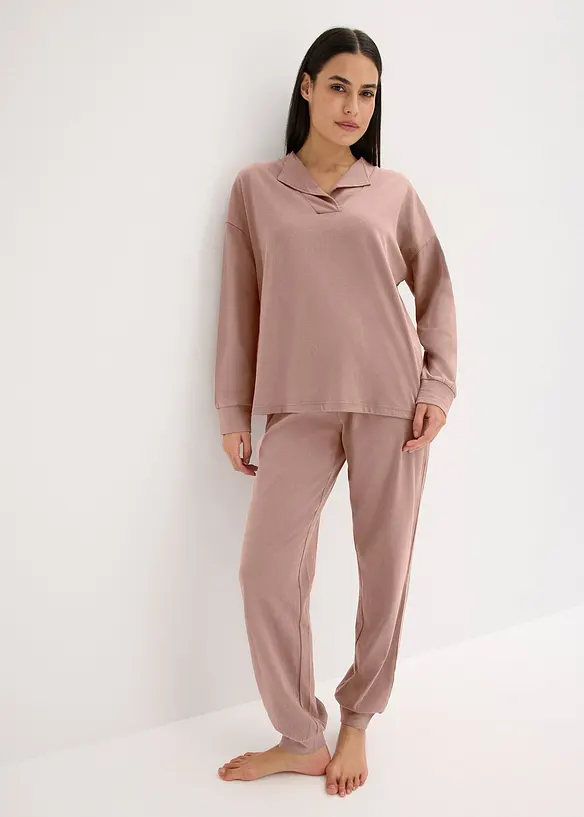 Weit geschnittener Loungewear Hausanzug aus weicher Baumwolle in braun im Look von vorne (Totalaufnahme) - bonprix