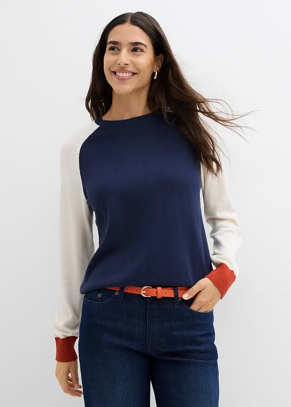 Feinstrickpullover aus Baumwoll-Mix mit Raglanärmeln in beige von vorne (im Anschnitt) - bonprix Feinstrickpullover aus Baumwoll-Mix mit Raglanärmeln in beige von vorne (im Anschnitt) - bonprix