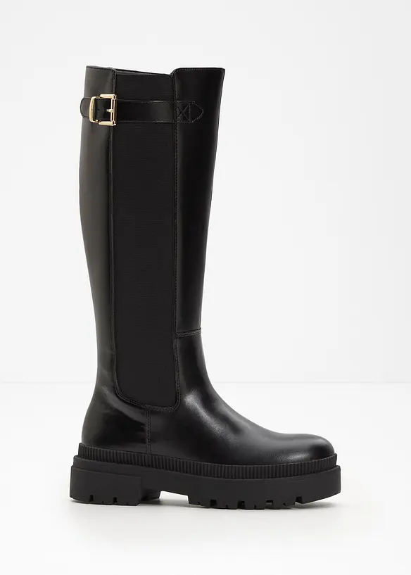 Gefütterter Plateau-Stiefel mit Stretch-Einsatz in schwarz - bonprix