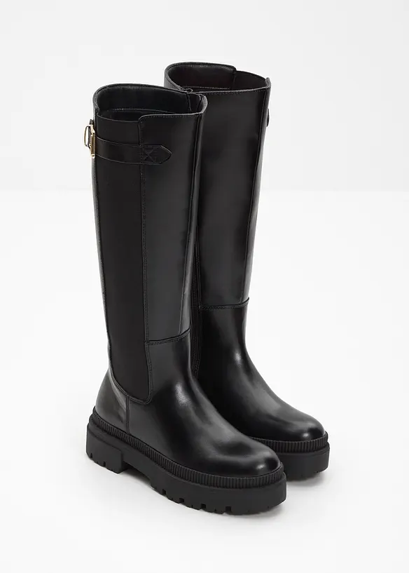 Gefütterter Plateau-Stiefel mit Stretch-Einsatz in schwarz - bonprix