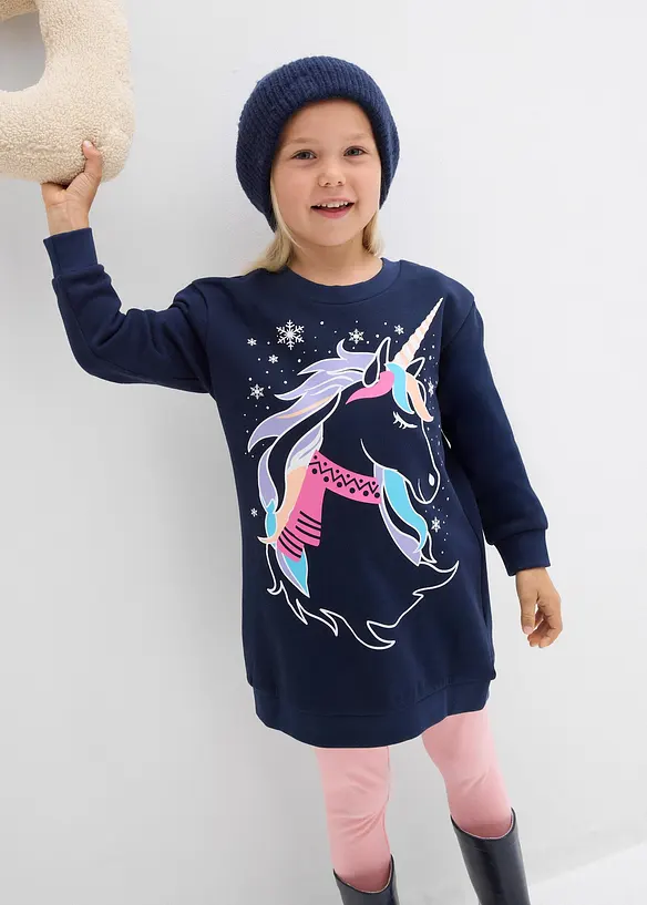 Sweatkleid aus reiner Baumwolle in blau von vorne (Totalaufnahme) - bonprix