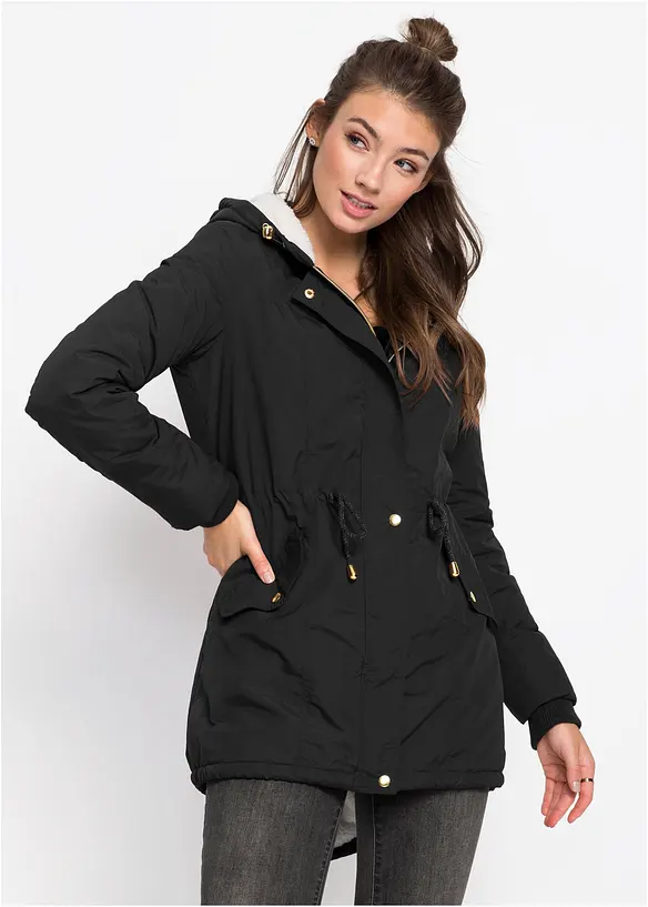 Parka mit Teddy-Futter in schwarz von vorne (im Anschnitt) - bonprix
