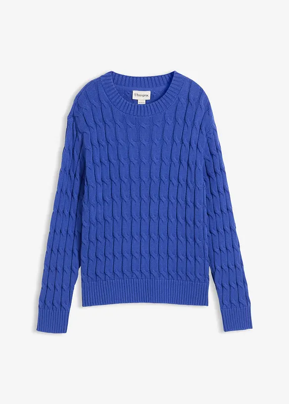 Pullover mit Zopfstrickmuster aus reiner Bio-Baumwolle in blau von vorne - bonprix