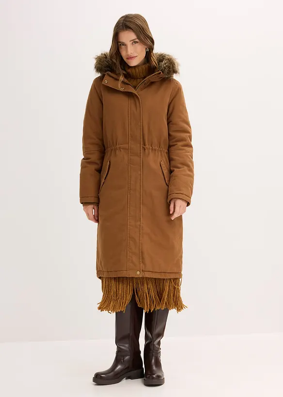 Wattierter Long-Parka in braun von vorne (Totalaufnahme) - bonprix