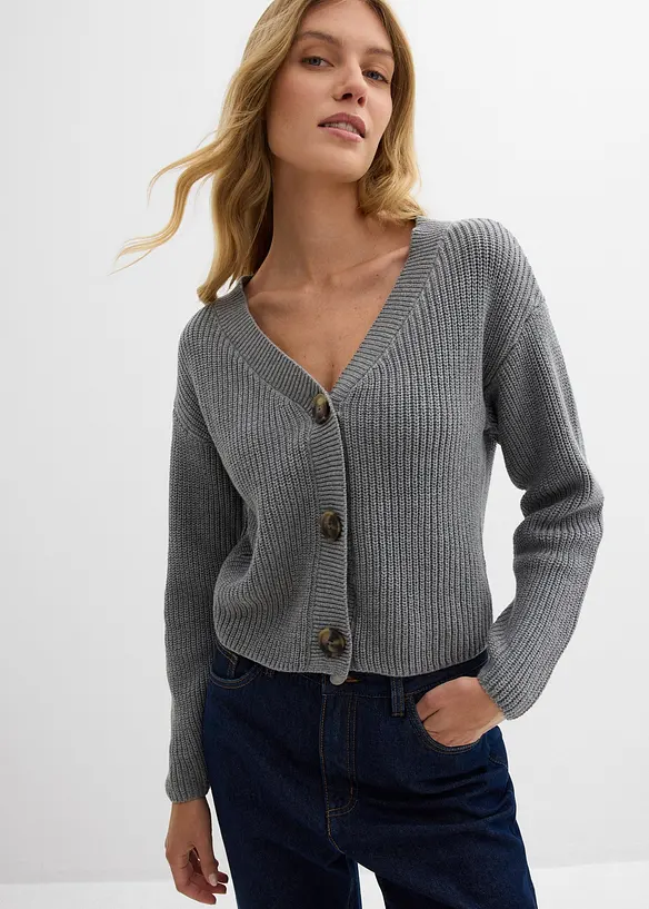 Grobstrickjacke aus reiner Baumwolle in grau von vorne (im Anschnitt) - bonprix Grobstrickjacke aus reiner Baumwolle in grau von vorne (im Anschnitt) - bonprix