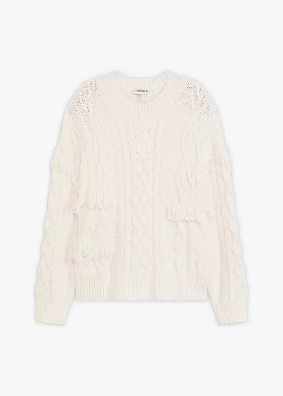 Oversize-Pullover mit Fransen in weiß von vorne - bonprix