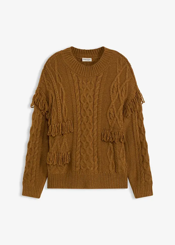 Oversize-Pullover mit Fransen in braun von vorne - bonprix