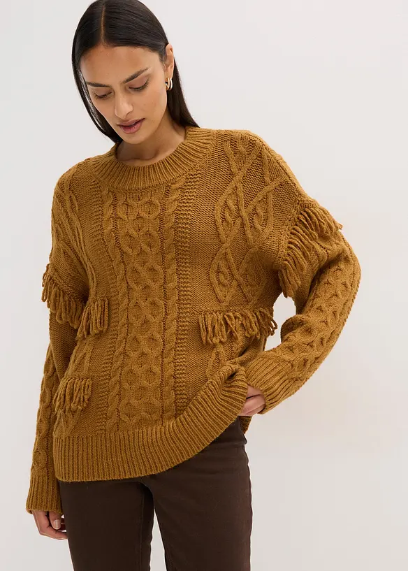 Oversize-Pullover mit Fransen in braun von vorne (im Anschnitt) - bonprix