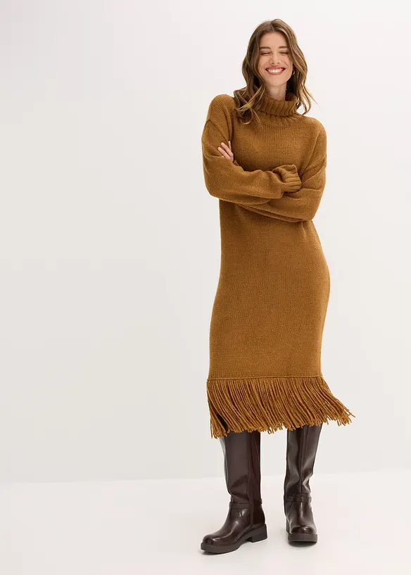 Strickkleid mit Fransensaum in braun von vorne (Totalaufnahme) - bonprix