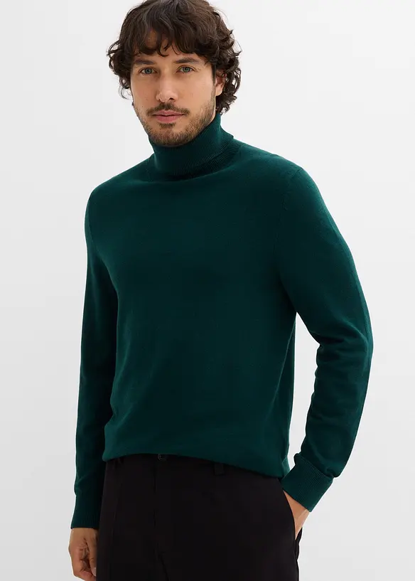Feinstrick-Rollkragenpullover mit edler Merinowolle, Slim-Fit in grün von vorne (im Anschnitt) - bonprix