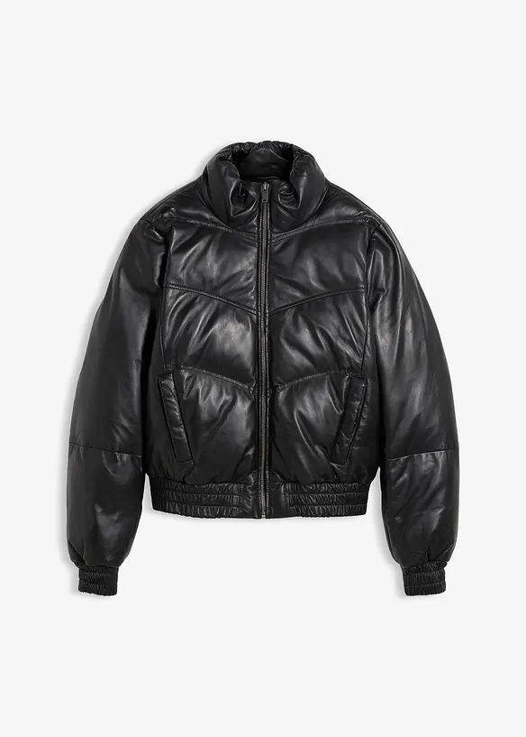 Leder-Steppjacke aus Lammnappa in schwarz von vorne - bonprix