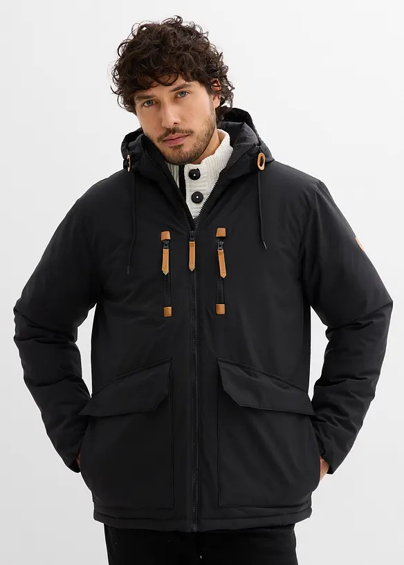 Winterjacke mit Lederimitat-Details in schwarz von vorne (im Anschnitt) - bonprix