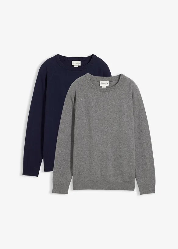 Feinstrickpullover aus reiner Baumwolle (2er Pack) in grau von vorne - bonprix