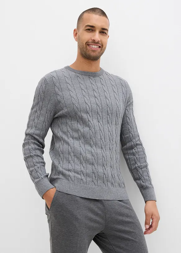 Feinstrickpullover mit Zopfmuster, Slim Fit in grau von vorne (im Anschnitt) - bonprix
