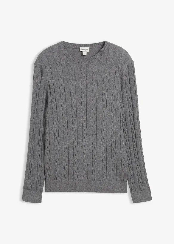 Feinstrickpullover mit Zopfmuster, Slim Fit in grau von vorne - bonprix