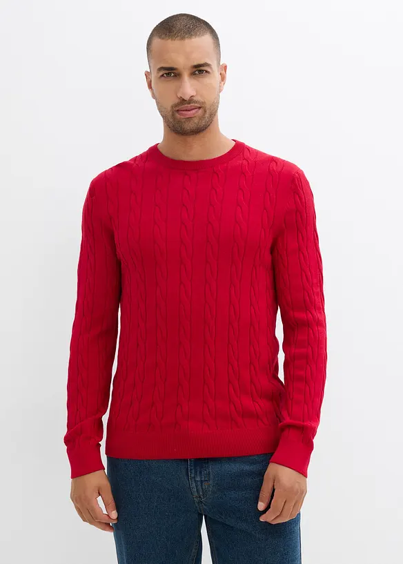Feinstrickpullover mit Zopfmuster, Slim Fit in rot von vorne (im Anschnitt) - bonprix
