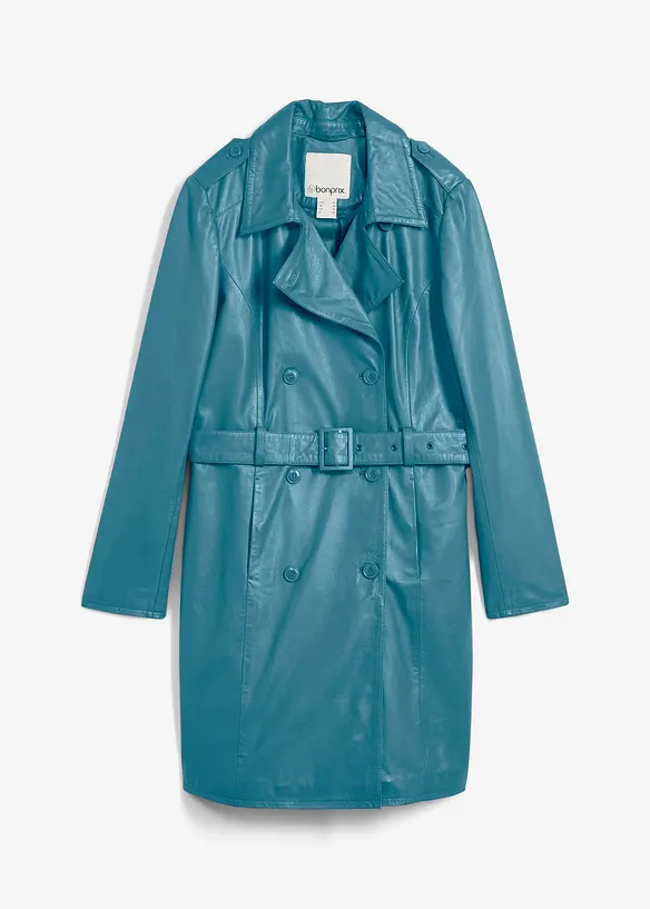 Leder-Trenchcoat aus Lammnappa in petrol von vorne - bonprix