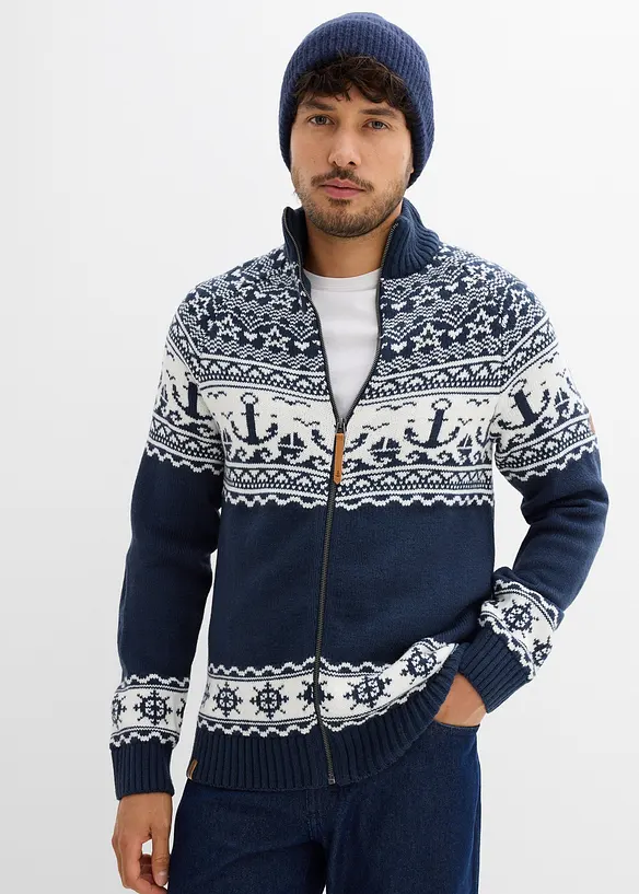 Norweger-Strickjacke in Regular Fit in blau von vorne (im Anschnitt) - bonprix