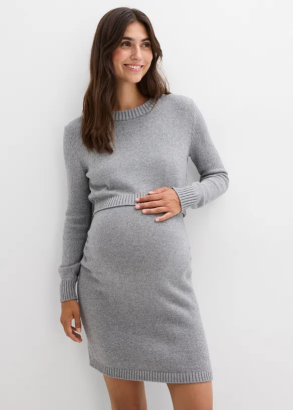 2-teiliges Umstandsset aus Pullover und Rock aus Baumwolle mit Glanzgarn in grau von vorne (Totalaufnahme) - bonprix