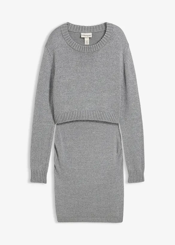 2-teiliges Umstandsset aus Pullover und Rock aus Baumwolle mit Glanzgarn in grau von vorne - bonprix