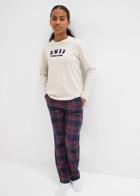 Kinder Pyjama mit Flanellhose aus weicher Baumwolle in weiß von vorne (Totalaufnahme) - bonprix Kinder Pyjama mit Flanellhose aus weicher Baumwolle in weiß von vorne (Totalaufnahme) - bonprix