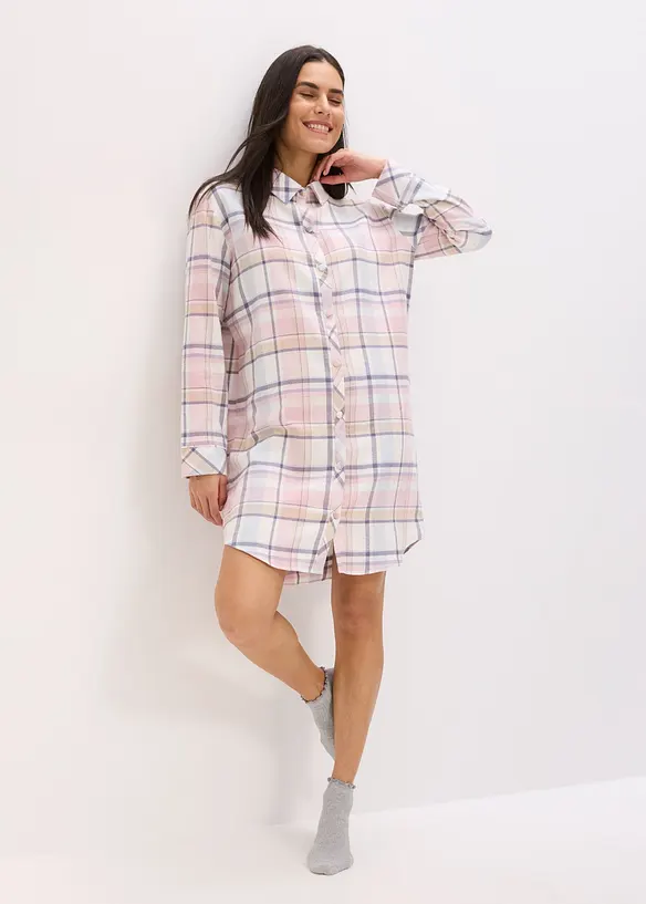 Gewebtes Nachthemd aus Flanell mit Knopfleiste in blau im Look von vorne (Totalaufnahme) - bonprix