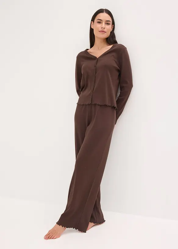 Pyjama aus Rippe mit Knopfleiste in braun im Look von vorne (Totalaufnahme) - bonprix