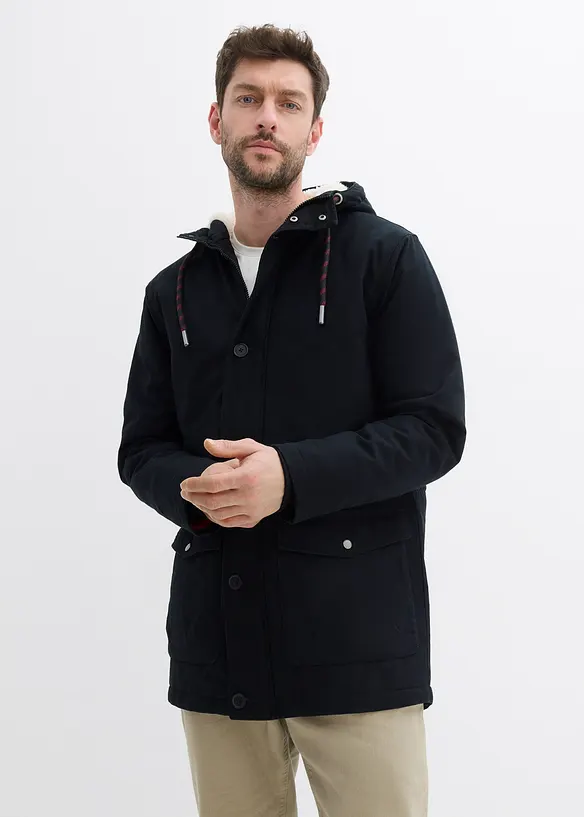 Winter-Parka mit Teddy-Kapuze in schwarz von vorne (im Anschnitt) - bonprix