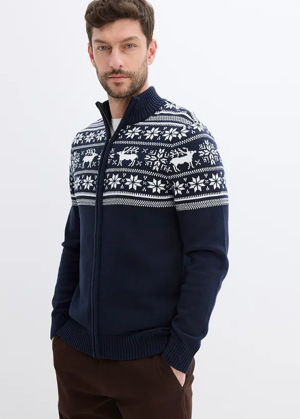 Norweger Strickjacke aus reiner Baumwolle in blau von vorne (im Anschnitt) - bonprix