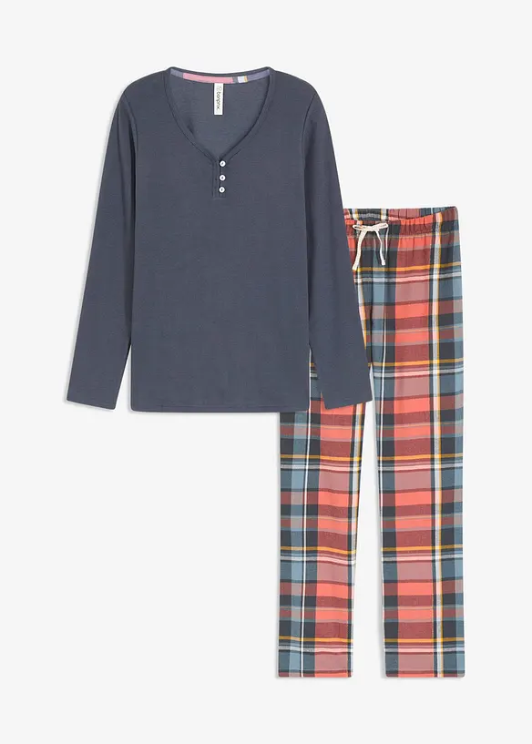 Pyjama mit Rippshirt und Flanellhose aus Glitzergarn in blau von vorne - bonprix