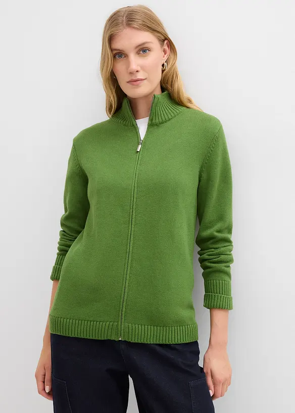 Strickjacke aus reiner Bio-Baumwolle in grün von vorne (im Anschnitt) - bonprix