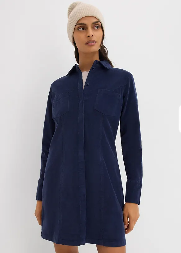 Figurbetontes Cordkleid in blau von vorne (Totalaufnahme) - bonprix Figurbetontes Cordkleid in blau von vorne (Totalaufnahme) - bonprix