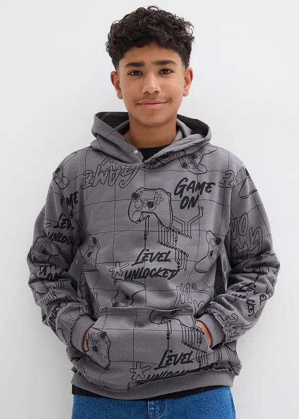 Hoodie aus weichem Baumwoll-Mix in grau von vorne (im Anschnitt) - bonprix