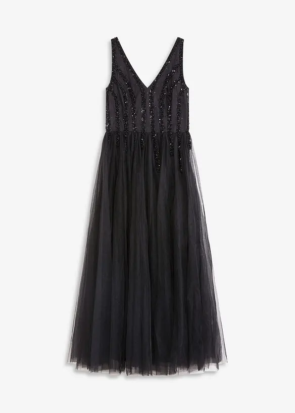 Maxikleid aus feinem Tüll mit Paillettenstickerei in schwarz von vorne - bonprix