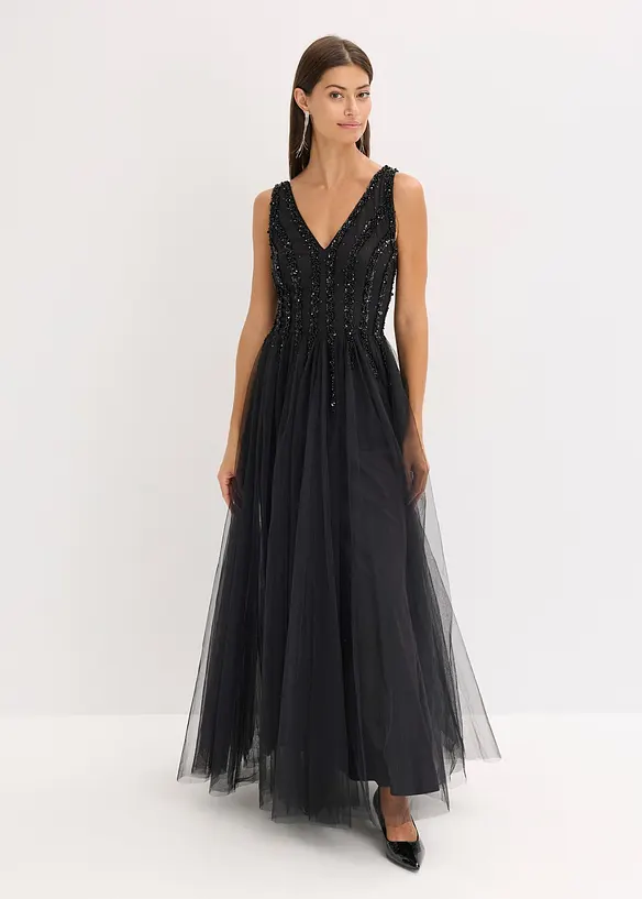 Maxikleid aus feinem Tüll mit Paillettenstickerei in schwarz von vorne (Totalaufnahme) - bonprix
