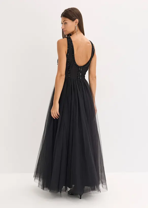 Maxikleid aus feinem Tüll mit Paillettenstickerei in schwarz von hinten (Totalaufnahme) - bonprix