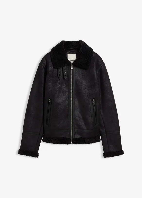 Lederimitat-Jacke mit Teddyfutter in schwarz von vorne - bonprix