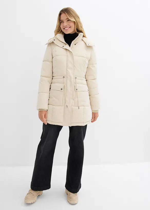 Winterjacke mit verstellbarem Taillenbündchen in beige von vorne (im Anschnitt) - bonprix