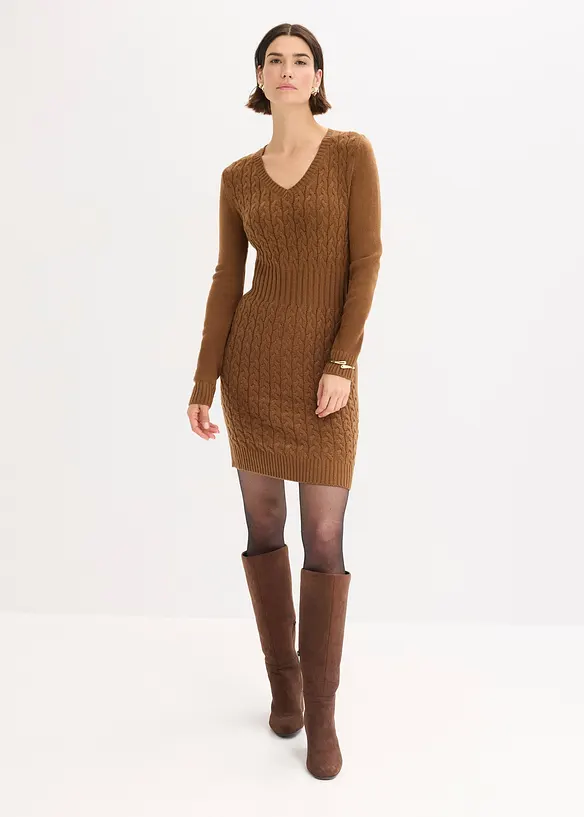 Strickkleid mit Zopfmuster in braun von vorne (Totalaufnahme) - bonprix Strickkleid mit Zopfmuster in braun von vorne (Totalaufnahme) - bonprix