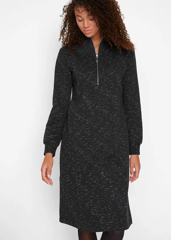 Sweatkleid mit Troyer in schwarz von vorne (Totalaufnahme) - bonprix